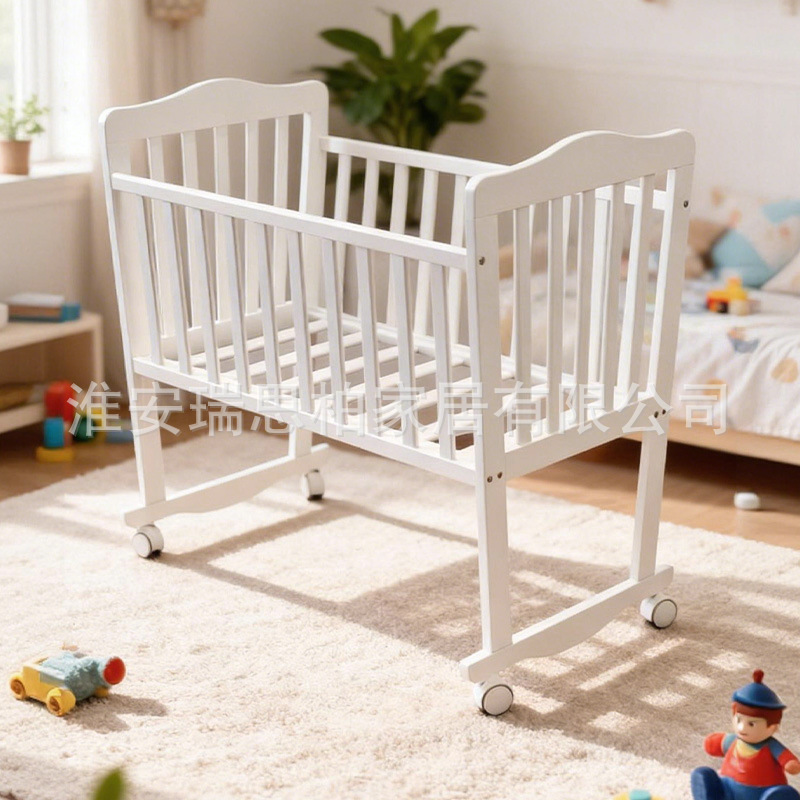 Solid wood full-guardrail baby crib with swivel wheels, movable newborn baby cradle, factory wholesale, cross-border hot seller