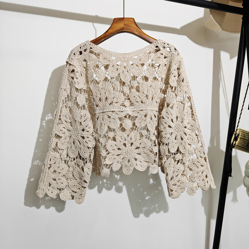 春夏ニットかぎ針編みショートコートレディースボヘミアンスタイル中空織り長袖カーディガンエアコン付きトップス|undefined