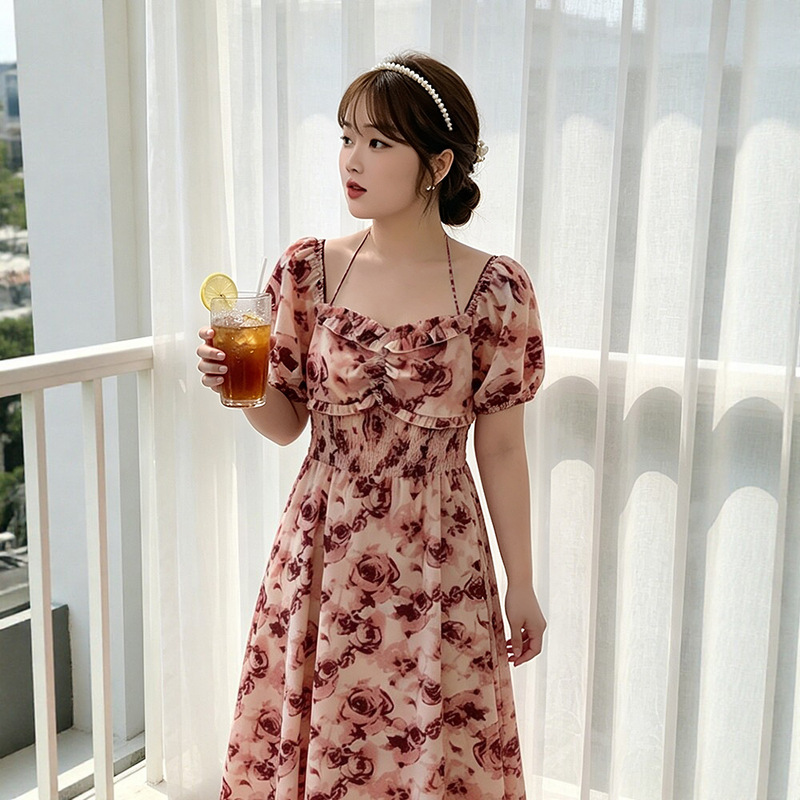 60-165kg Plus Size Women's Floral Dress Summer Slightly Plus Size Tie Pocket Slit Maternity Nursing Dress