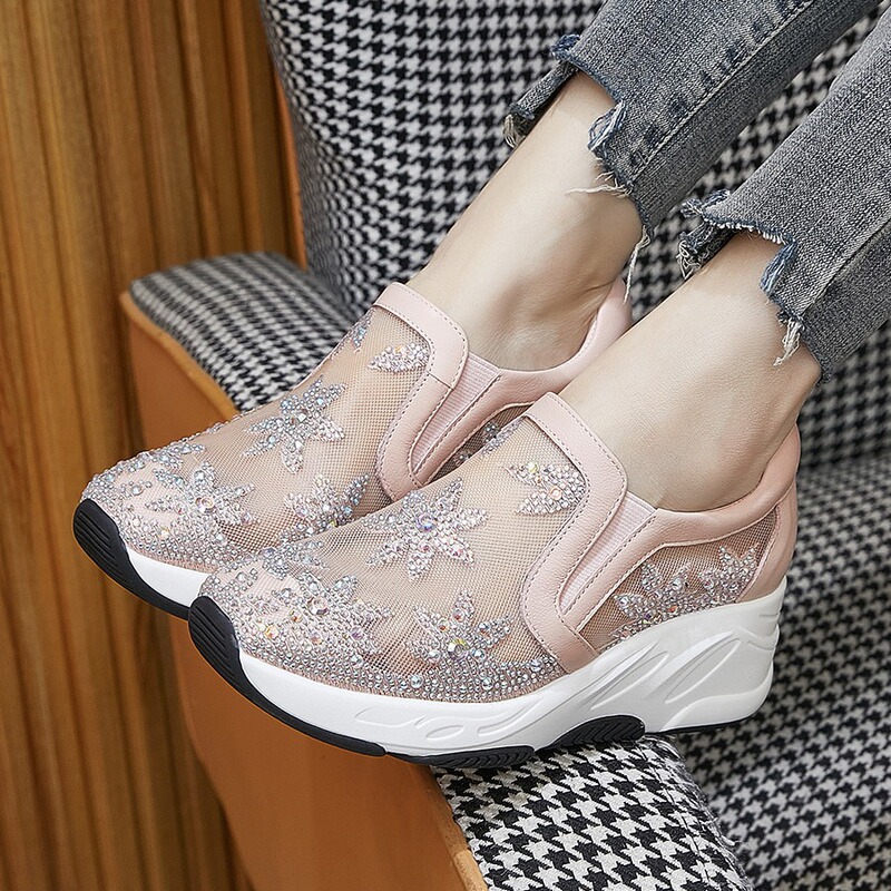 Casual Fashion Comfortable Platform Thick-soled Non-slip White Shoes Mesh Genuine Leather Calf Leather Rhinestone Breathable Women's Single-layer Shoes