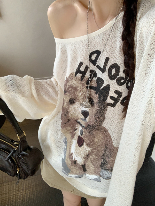 子犬プリントオフショルダー長袖Tシャツレディース夏怠惰なルーズ日焼け止めブラウスデザイン甘い薄いトップ|undefined