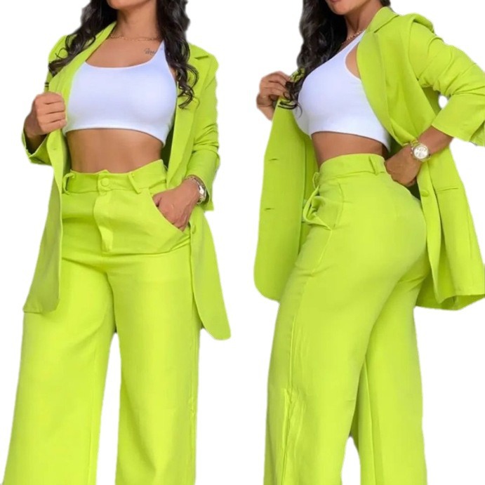 women's sets Women's and Elegant Solid Color Split Sleeve Lapel Suit Pocket Straight leg Trouser Set_voghion.com