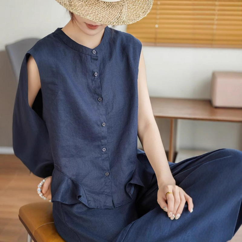 2025 New Summer Style Sleeveless Shirt, Age-Reducing Ruffle Design Top, Women's Fashionable Round Neck Shirt