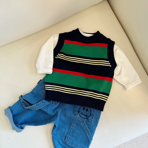 Baby Round Neck Backless Vest for Boys and Girls, Colorful Striped Cardigan for Infants and Toddlers, Pure Cotton Knitted Top, Korean Style Base Shirt, Trendy