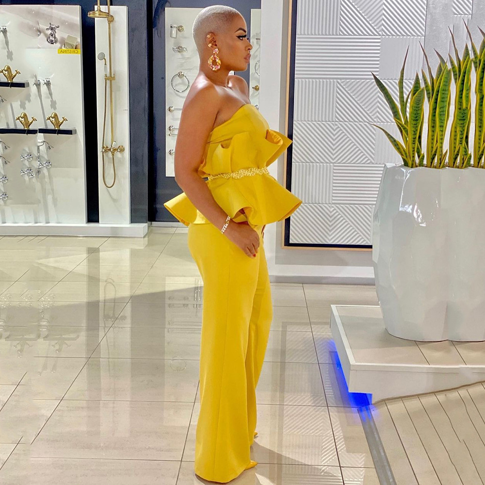 Traje de primavera y otoño de 2026 nuevo sujetador europeo y americano transfronterizo elegante pantalón de piernas anchas volantes personalidad cómoda traje de ocio