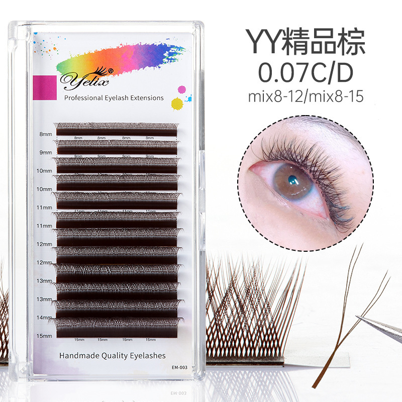 Fábrica de pestañas falsas personalizadas densas naturales en forma de Y injerto de pestañas falsas 0.07 mezcladas en un segundo florecer y colorido