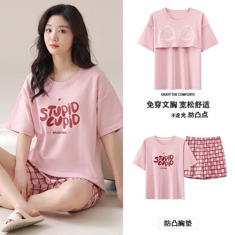 CVC6040 Summer Cartoon Women's Short-sleeved Shorts with Chest Pad Korean Style Loose Casual Student Home Clothes suit CVC6040 Summer Cartoon Women's Short-sleeved Shorts with Chest Pad Korean Style Loose Casual Student Home Clothes suit