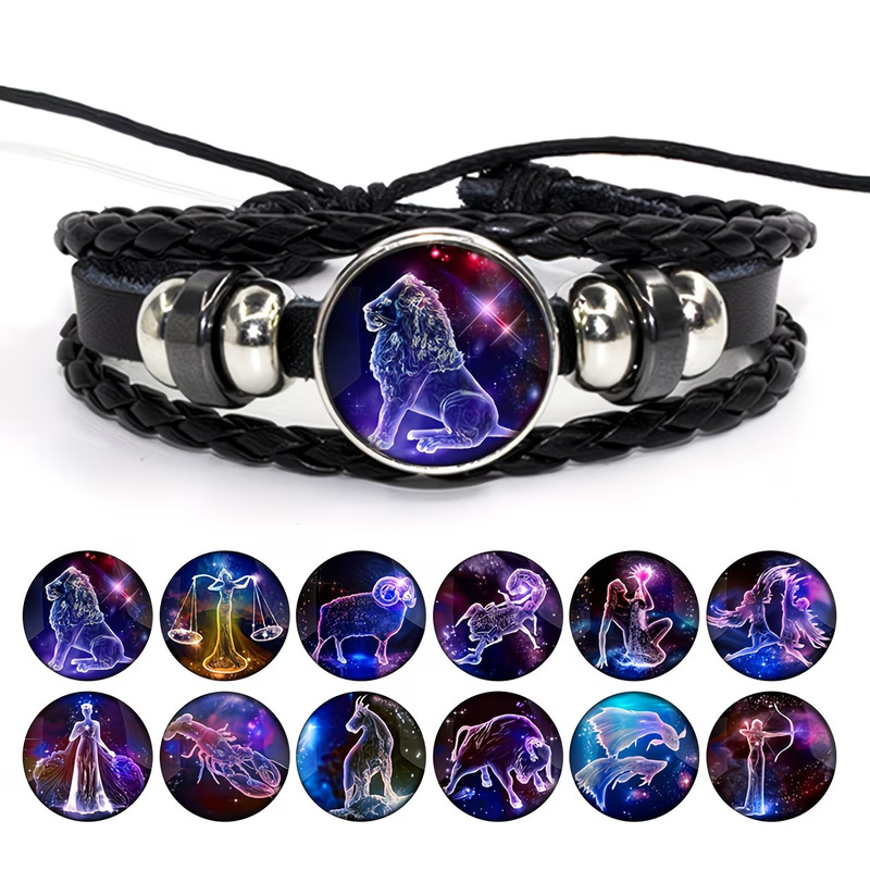 Cross-Border Hot-Selling Retro Pu Leather Woven Synthetic Gemstone 12 Zodiac Signs Bracelet, Direct Sales from the Manufacturer, Suitable for Both Men and Women