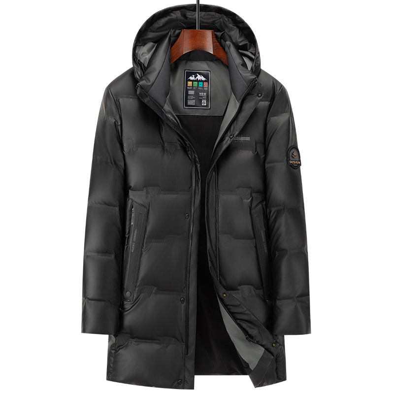 新型ダウンジャケット男性ミディアムロングフード付きダウンジャケット防寒保温中青年pu皮面防水ダウンジャケット