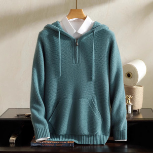 Spring and Autumn New 100 Pure Cashmere Sweater Men's Half Zipper Hoodie Loose Casual Sweater Men's Comfortable Warm Base Shirt