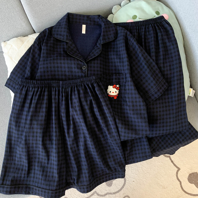 Japonés helloKitty nube de algodón puro pijamas de pareja verano de manga corta para mujer servicio a domicilio de tres piezas para hombre
