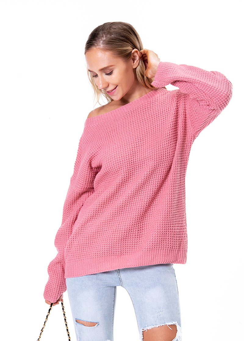 women s solid color loose oblique collar long sleeve knitted sweater nihaostyles clothing wholesale NSSX73196