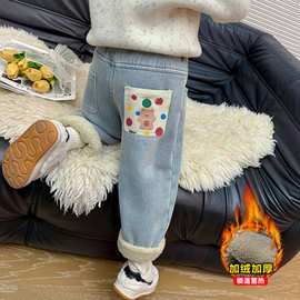 女童加绒裤子2024新款秋冬款儿童冬季一体绒女宝宝过冬小熊牛仔裤