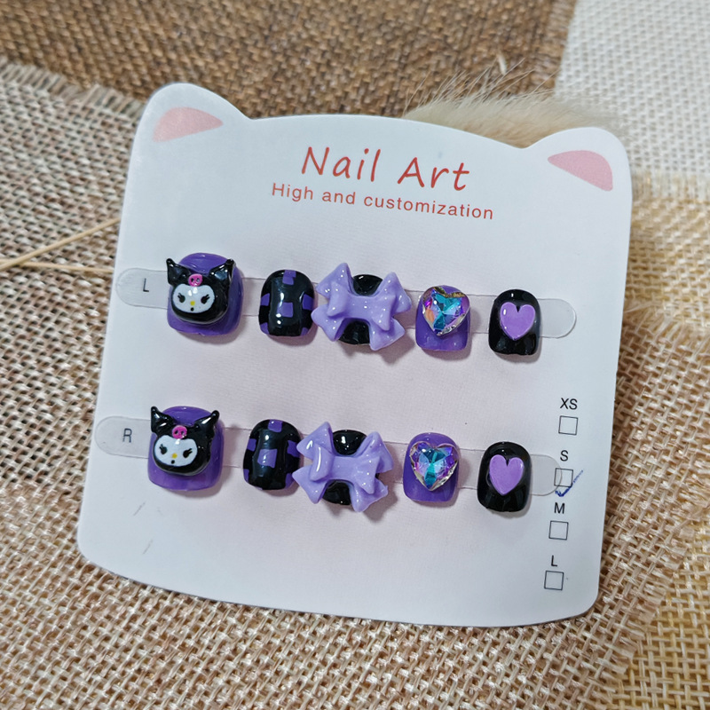 Kuromi Kidsren's Wearable Nails, Handmade Flash Diamond Bow Anti-Bite Nail Patches, Cartoon Cute Nail Patches