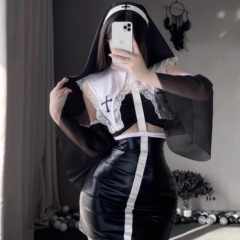Church of Desire ~ Abstinence Nun's Clothing COS Women's Uniform Sexy Slim Fit Patent Leather PU Bag Hip Skirt Sexy Underwear