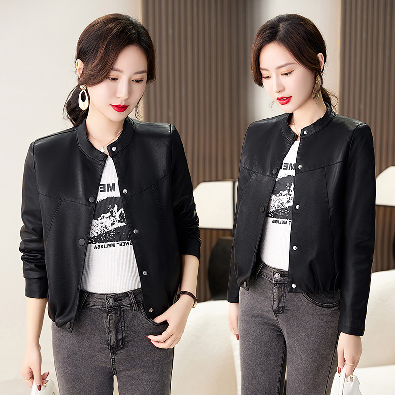 Genuine Brand Stylish Leather Jacket for Women, Autumn and Winter New Style, Biker Stand Collar Casual Short Leather Jacket, Sheepskin Coat