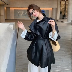 设计高级感炸街复古西装皮衣外套秋季系带皮衣网红上衣城市机能风