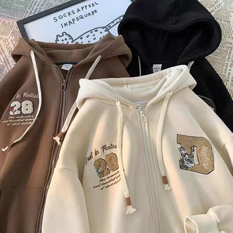 Apricot Letter Towel Embroidered Cardigan Sweatshirt Men's Hooded Spring and Autum American Retro Trendyy Jacket Couple's Top Apricot Letter Towel Embroidered Cardigan Sweatshirt Men's Hooded Spring and Autum American Retro Trendyy Jacket Couple's Top