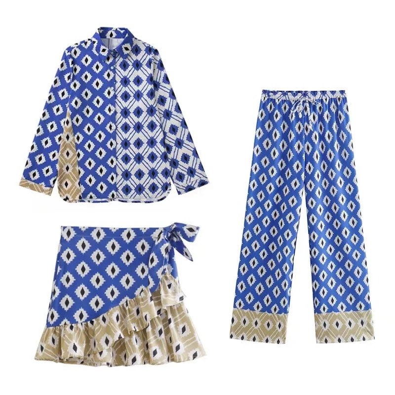 AliExpress foreign trade 2022 European and American style printed shirt 2183053 + printed sarong skirt women's trousers set