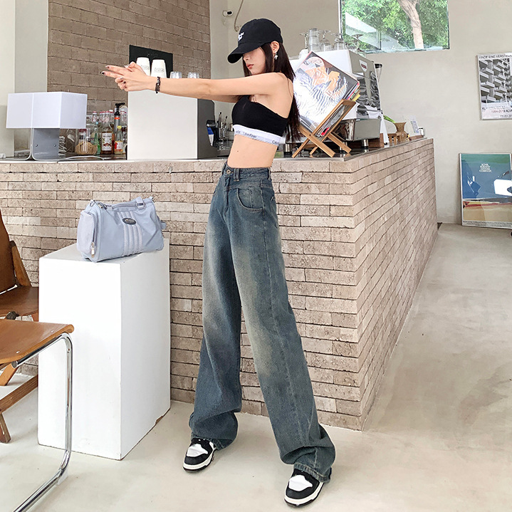 Vintage Star Pattern High Waist Jeans Women's Spring and Autumn 2024 New Loose Straight Leg Pants Small Wide Leg Pants