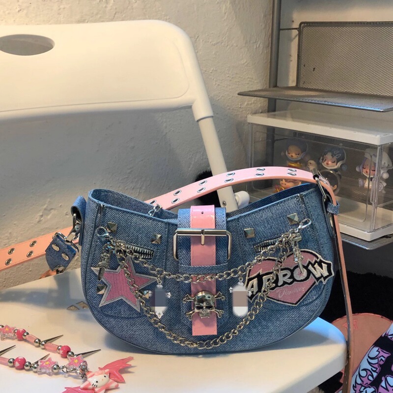 Pink Barbie girl personality Denim messenger bag y2g subculture personality handbag Pink Barbie girl personality Denim messenger bag y2g subculture personality handbag