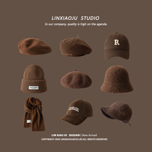 咖啡色貝雷帽男女生韓版棒球帽顯臉小針織帽素顏漁夫帽保暖圍巾靈