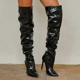 欧美风弹力过膝靴女细高跟显瘦长筒靴跨境漆皮可图片做