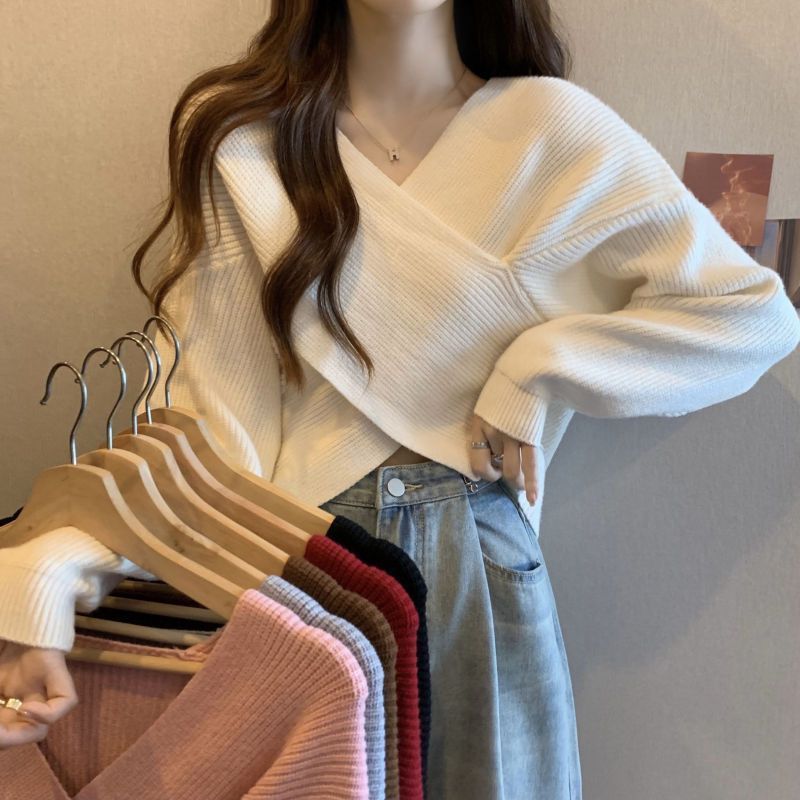 不规则交叉v领套头毛衣女秋冬内搭宽松慵懒短款针织衫上衣设计感|undefined