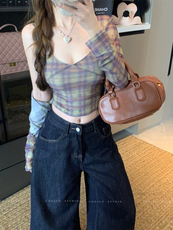 复古格纹长袖开衫外套女秋季休闲套装辣妹短款吊带背心上衣两件套|undefined