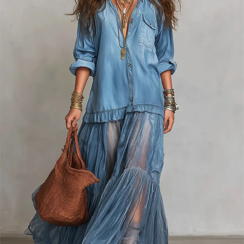 Dm123 Cross-Border Exclusive Supply: Bohemian Faux Denim Patchwork Mesh Long Skirt, Faux Denim Shirt Dress