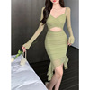 Long sleeved hollow slim fit irregular dress