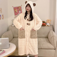 睡袍女秋冬款2024新款加绒加厚珊瑚绒睡衣冬季睡裙连帽熊A6929#