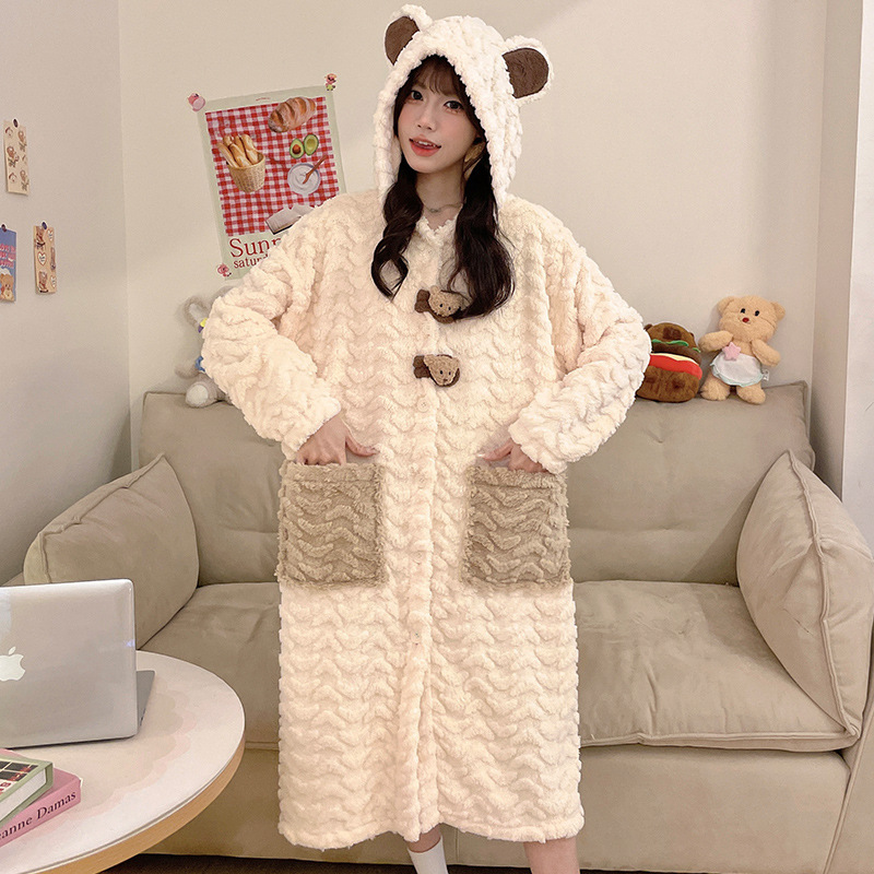 睡袍女秋冬款2024新款加绒加厚珊瑚绒睡衣冬季睡裙连帽熊A6929#