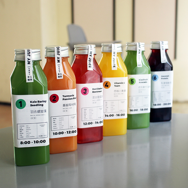 Botella de jugo de frutas y verduras en ayuno ligero, botella de agua supermodelo, botella de bebida desechable, taza de plástico recién exprimido PET, taza de té con leche