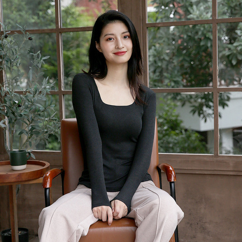 Thermal underwear for women in autumn and winter, thickened with velvet, seamless, tight, versatile, long-sleeved, round-neck bottoming shirt with padded top