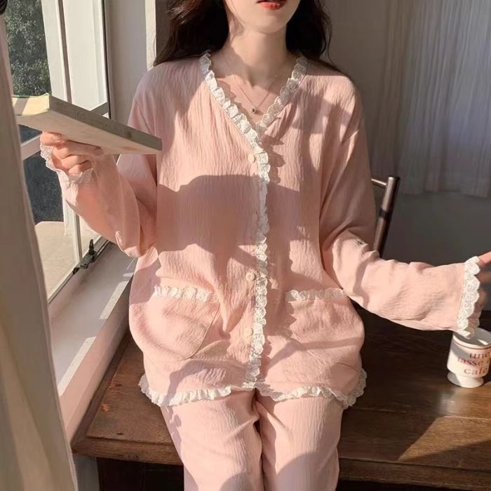 Venta al por mayor transfronteriza con almohadilla para el pecho Nubes de algodón Pijamas de primavera y otoño Pantalones de manga larga para mujer Nuevo estilo Cárdigan de encaje dulce Servicio a domicilio