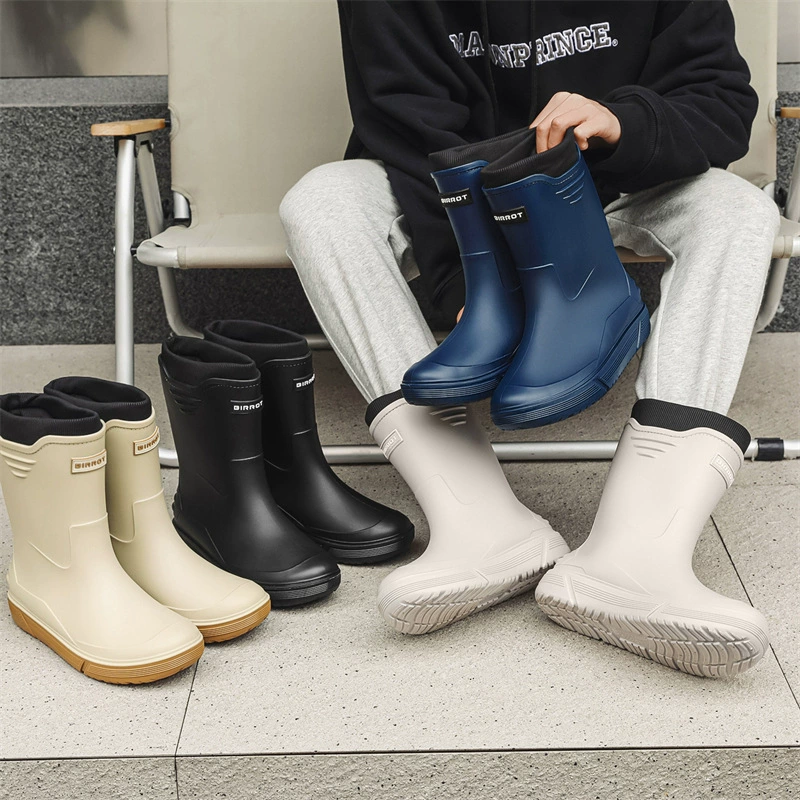 Трансграничные модные резиновые сапоги, мужские теплые однотонные хлопковые уличные непромокаемые рыболовные ботинки до середины икры, толщина, износостойкая Нескользящая кухонная резиновая обувь