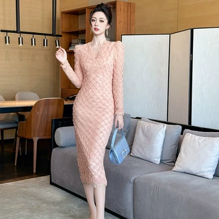 粉色泡泡袖立体纹收腰中长裙秋装新款名媛宴会礼服连衣裙女11691
