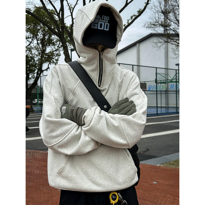 American 450g Heavy Self-heating Milan Velvet Half Zip fleece-lined Sweater Men's Loose Fall/Winter Thickened Hoodie Jacket