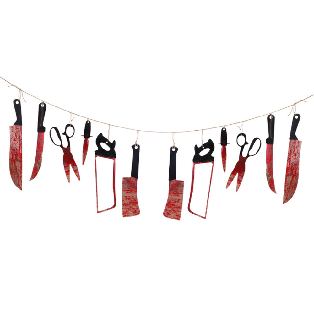 Halloween decorations horror blood knife hanging flags haunted house trick scary PVC props pull flower hanging ornaments_voghion.com