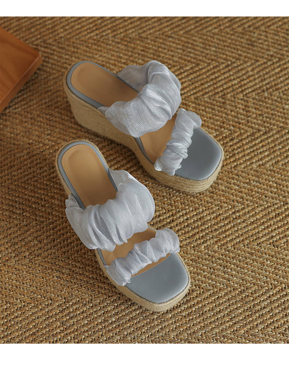 Sandal hở mũi cao gót 10cm quai ngang satin đế độn cao mới hè 2025 — Màu xanh lam nhạt, Màu hồng, Màu trắng be chi tiết 17