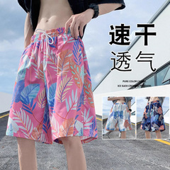 ビーチカジュアルパンツ男性夏の薄いタイプの速乾水泳パンツのトレンドプリントの大きいパンツのゆったりとした寝ズボンの5分のズボン