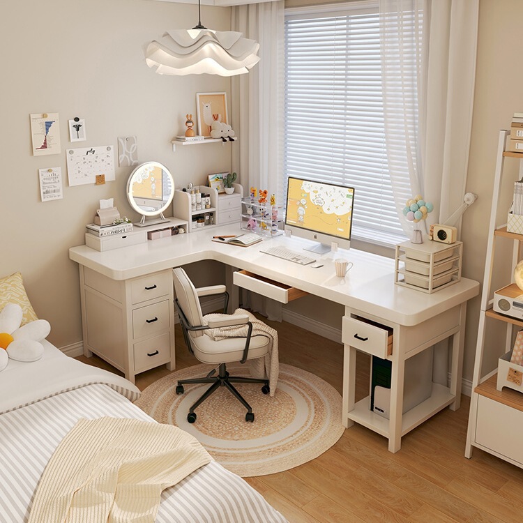 Solid Wood Corner Desk White Cream Style Computer Desk L-Shaped 7 Corner Girls Bedroom Study Double Long Table