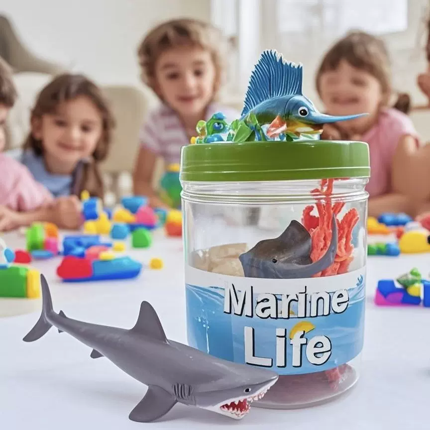 海洋动物收纳圆桶儿童益智早教玩具仿真男孩女孩礼物模型仿真益智