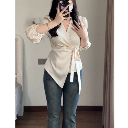 French neck strap satin shirt for women in spring and summer waist to show slimming design temperament shirt niche light mature top