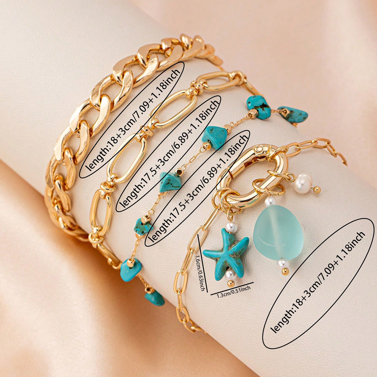 Conjunto de pulseiras femininas estrela do mar turquesa pedra_voghion.com