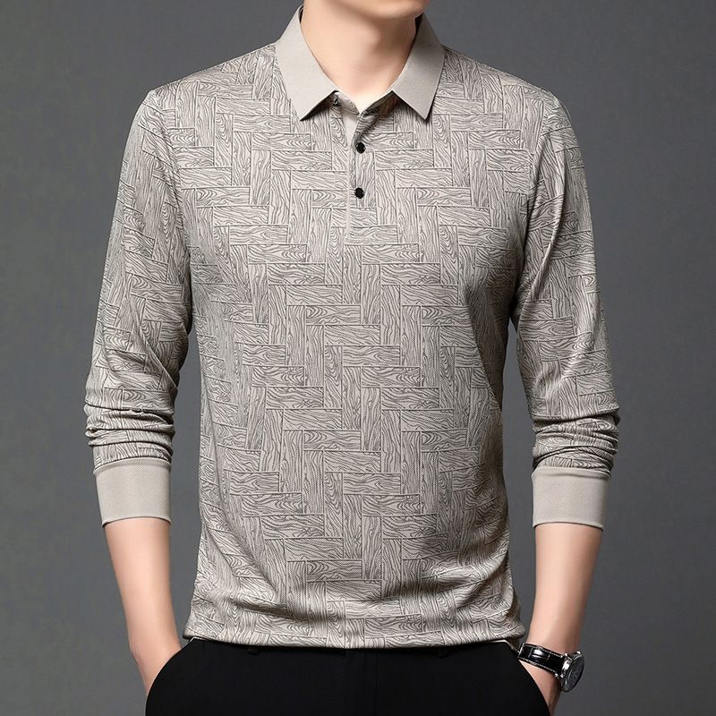 Middle-Aged Men's Spring Fashion Outerwear Lapel Ice Silk Long-Sleeve Polo Shirt Business Casual Versatile Base Shirt Striped Middle-Aged Men's Spring Fashion Outerwear Lapel Ice Silk Long-Sleeve Polo Shirt Business Casual Versatile Base Shirt Striped