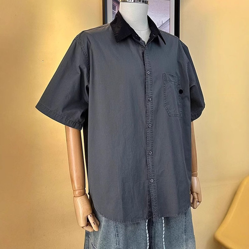 Japanese-style retro patchwork color-blocked collarless short-sleeve shirt for men, summer youth casual half-sleeve top, simple design