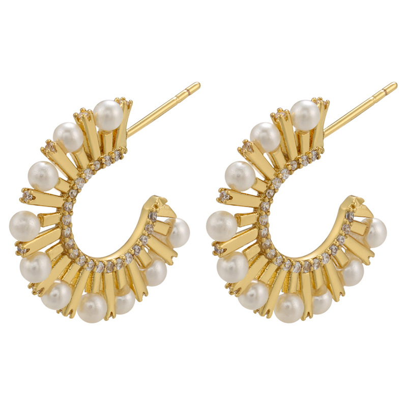 New Pearl Zircon C-shaped Copper 18K Gold Plated Stud Earrings