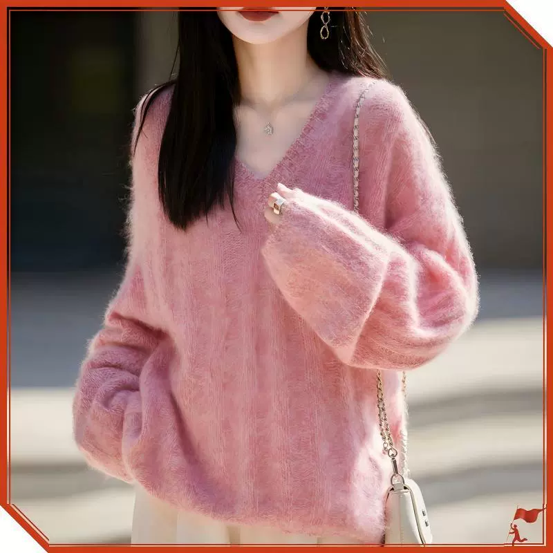 三股厚拉绒5%山羊绒95羊毛衫v领毛衣休闲慵懒风针织衫宽松上衣